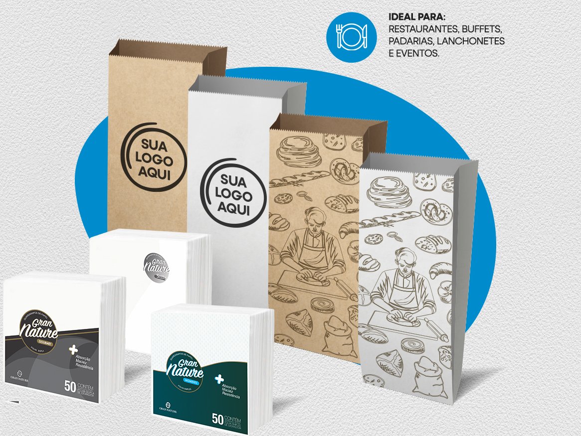 Guardanapos e sacos de papel personalizados Gran Nature